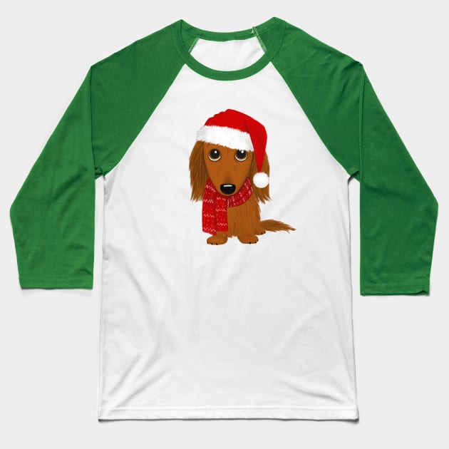 Longhaired Dachshund with Santa Hat Cute Christmas Wiener Dog Baseball T-Shirt by Coffee Squirrel